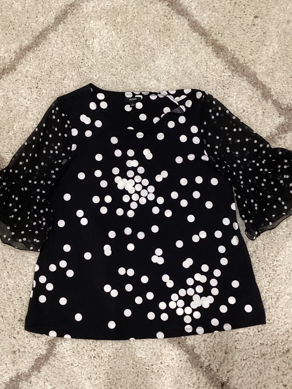 Alfani Black Top with White Polka Dot Chiffon Sleeves